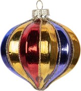 Zlatá sklenená ozdoba špicatá banka s farebnými pruhmi - Ø 8*8 cm