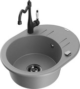 Mexen Kevin granitový jednokomorový drez s odkvapkávačom a kuchynskou batériou Carla, Šedá - 6517-71-670700-70-B