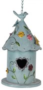 Modrá závesná kovová dekorácia vtáčia búdka s kvetmi - 16*19*29 cm