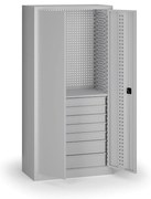 Policová dielenská skriňa 2-dverová, 1 police + 7 zásuviek, 1950 × 950 × 500 mm, sivé dvere