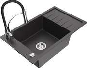 Mexen Elias granitový jednokomorový drez s odkvapkávačom a kuchynskou batériou Aster, Čierna škvrnitá - 6511-76-73450-07