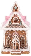 Vianočná dekorácia Perníková chalúpka s ružovou strechou, polyresin, LED, hnedá