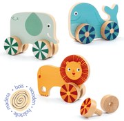 Zvieratá na kolieskach – drevená skrutkovacia hra