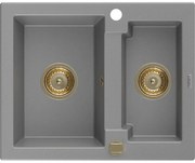 Mexen Carlos, granitový drez 582x475x177 mm, 1,5-komorový, šedá so zlatým sifónom, 6518581500-71-G