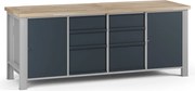 Dielenský pracovný stôl G7, buková škárovka, 2100 x 685 x 840 mm, 2x skrinka, 6 zásuviek, grafit