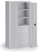 Dielenská zásuvková skriňa na náradie KOVOS, 3 police, 7 zásuviek, perforovaná, 950 x 600 x 1950 mm, sivá