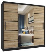 Šatníková skriňa 200 cm Belini čierny mat / dub sonoma s posuvnými dverami zrkadlom a zásuvkami  MT SZP5/1/B/DS/0/KLP