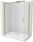 Mexen Omega, sprchovací kút s posuvnými dverami 140 (dvere) x 70 (stena) cm, 8mm číre sklo, zlatý profil + slim sprchová vanička 5cm, 825-140-070-50-00-4010