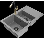 Mexen Gaspar granitový 1,5-komorový drez s odkvapkávačom a kuchynskou batériou Flora, Šedá - 6507-71-670401-57-B