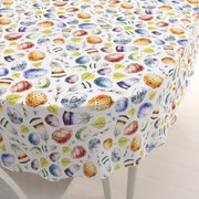 Biante Veľkonočný teflónový oválny obrus TF-075 Farebné kraslice a pierka na bielom 50x100 cm