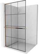 Mexen Kioto+ L, sprchová zástena Walk-In s poličkou a vešiakom 120 x 200 cm, 8mm číre sklo čierny vzor, ružové zlato profil, 800-120-123-60-77