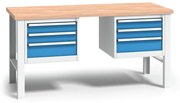 Výškovo nastaviteľný pracovný stôl do dielne WL s 2 závesnými boxami na náradie, buková škárovka, 6 zásuviek, 1700 x 685 x 840 - 1050 mm