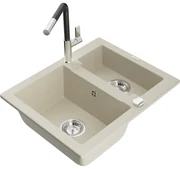 Mexen Carlos, 1,5-komorový granitový drez 582x475x177 mm a drezová batéria Flora, béžová, 6518-69-670401-07