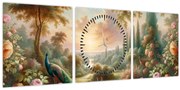 Obraz - Pávy v záhrade (s hodinami) (90x30 cm)