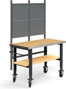 Mobilný dielenský stôl TRUST, panel na náradie, spodná polica, 1500x760 mm, povrch z dubového dreva