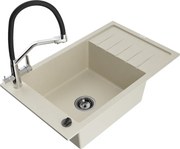Mexen Elias granitový jednokomorový drez s odkvapkávačom a kuchynskou batériou Duo, Béžová - 6511-69-671701-07-B
