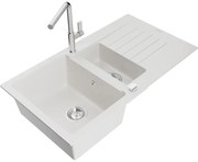 Mexen Matias, 1,5-komorový granitový drez 900x505x200 mm a drezová batéria Flora, biela, 6502-20-670401-00