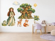 Lesná princezná a domček na strome lesné akvarelové nálepky na stenu pre malé princezné arch 46 x 34 cm