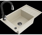 Mexen Elias granitový jednokomorový drez s odkvapkávačom a kuchynskou batériou Savita, Béžová - 6511-69-672601-70