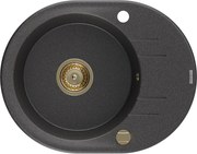 Mexen Kevin granitový jednokomorový drez s odkvapkávačom 586 x 458 mm, Čierna škvrnitá, Sifón Zlatá - 6517581005-76-G