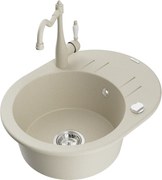 Mexen Kevin granitový jednokomorový drez s odkvapkávačom a kuchynskou batériou Carla, Béžová - 6517-69-670700-69