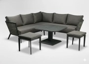 Garden Line SÚPRAVA HLINÍKOVÉHO NÁBYTKU „TALLINN“ (ROHOVÁ SEDACIA SÚPRAVA + 2 PUFFY + STÔL S NASTAVITEĽNOU VÝŠKOU) ŠEDÁ + ŠEDÉ VANKÚŠE