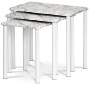Přístavné a odkládací stolky, set 3 ks, deska šedobílý mramor, kovové nohy, bílý