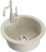 Mexen Diego, granitový drez 488x488x167 mm, 1-komorový a drezová batéria Carla, béžová, 6512-69-670700-69