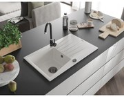Mexen Cesar, granitový drez 775x470x190 mm, 1-komorový, biela s čiernym sifónom a čierna drezová batéria Telma, 6514-20-670200-70