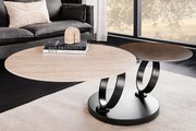 Konferenčný stolík DANCING RINGS 80-135 cm otočný keramický vrch s prírodným travertínom a hrdzavým vzhľadom