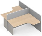 Rohový kancelársky písací stôl PRIMO s paravánmi, tvar T, nástenka, 2 miesta, sivá/breza