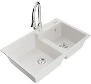Mexen Tomas, 2-komorový granitový drez 800x500x190 mm a drezová batéria Elia, biela, 6516-20-670101-00