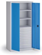 Dielenská zásuvková skriňa na náradie KOVOS, 3 police, 7 zásuviek, perforovaná, 950 x 600 x 1950 mm, modrá