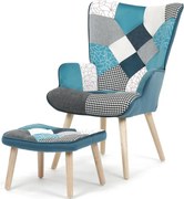 Relaxačné kreslo ušiak LISA + taburet — masív, látka, modrý patchwork