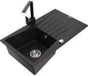 Mexen Cesar, granitový drez 775x470x190 mm, 1-komorový, čierna s chrómovým sifónom a čierna drezová batéria Rita, 6514-77-670300-70