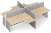 Rohový kancelársky písací stôl PRIMO s paravánom, otvorený, nástenka, 4 miesta, sivá/breza