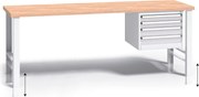 Výškovo nastaviteľný pracovný stôl do dielne G3 so závesným boxom na náradie, buková škárovka, 4 zásuvky, 2000 x 685 x 840 - 1050 mm, sivá