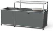 Kovová nízka skrinka »CN3« s výklopným priečinkom a sklenenou doskou, sivá