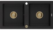 Mexen Mario, granitový drez 820x436x161 mm, 2-komorový, čierna so zlatým sifónom, 6504822000-77-G