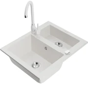 Mexen Carlos, granitový drez 582x475x177 mm, 1,5-komorový a biela drezová batéria Telma, biela, 6518-20-670200-20