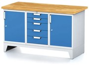 Alfa 3 Dielenský stôl MECHANIC I, 2 skrinky a zásuvkový box na náradie, 5 zásuviek, 1500x685x880 mm, modré dvere