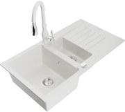 Mexen Matias, 1,5-komorový granitový drez 900x505x200 mm a drezová batéria Savita, biela, 6502-20-672601-20