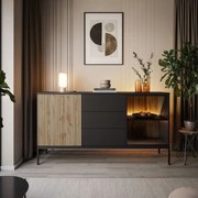 KOMODA ALESSIO 154 cm DUB WOTAN / ČIERNA LED ŠUPLÍKY