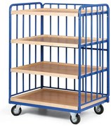 Policový vozík, 4 police s hranou, 3 bočnice s výplňou, nosnosť 300 kg