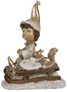 Béžovo-zlatá dekorácia dievčatko škriatok s veveričkou na saniach - 8*4*10 cm