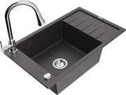 Mexen Elias granitový jednokomorový drez s odkvapkávačom a kuchynskou batériou Elia, Čierna škvrnitá - 6511-76-670101-00