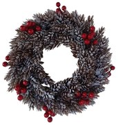 Plastový veniec s námrazou, šišky a červenébobule, d. 26 cm