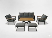 Garden Line SÚPRAVA ZÁHRADNÉHO NÁBYTKU Z HLINÍKA A TEAKOVÉHO DREVA (SEDAČKA + 2 KRESLÁ + STÔL + 2 STOLIČKY) ANTRACITOVÁ + ŠEDÉ VANKÚŠE *0428