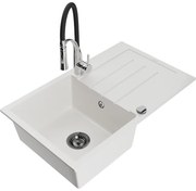 Mexen Bruno, 1-komorový granitový drez 795x495x200 mm a drezová batéria Aster, biela, 6513-20-73450-07-B
