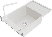 Mexen Elias granitový jednokomorový drez s odkvapkávačom a kuchynskou batériou Rita, Biela - 6511-20-670300-20